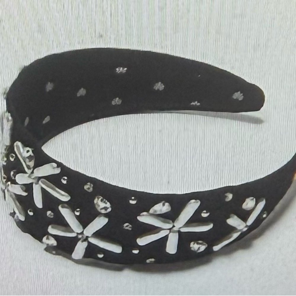 Lele Sadoughi, NWT pearl jet Bridgette Embellished Black Floral brocadeHeadband